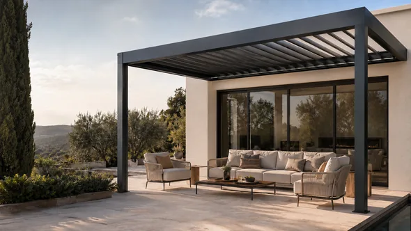 Photo d'une pergola bioclimatique installée sur une terrasse